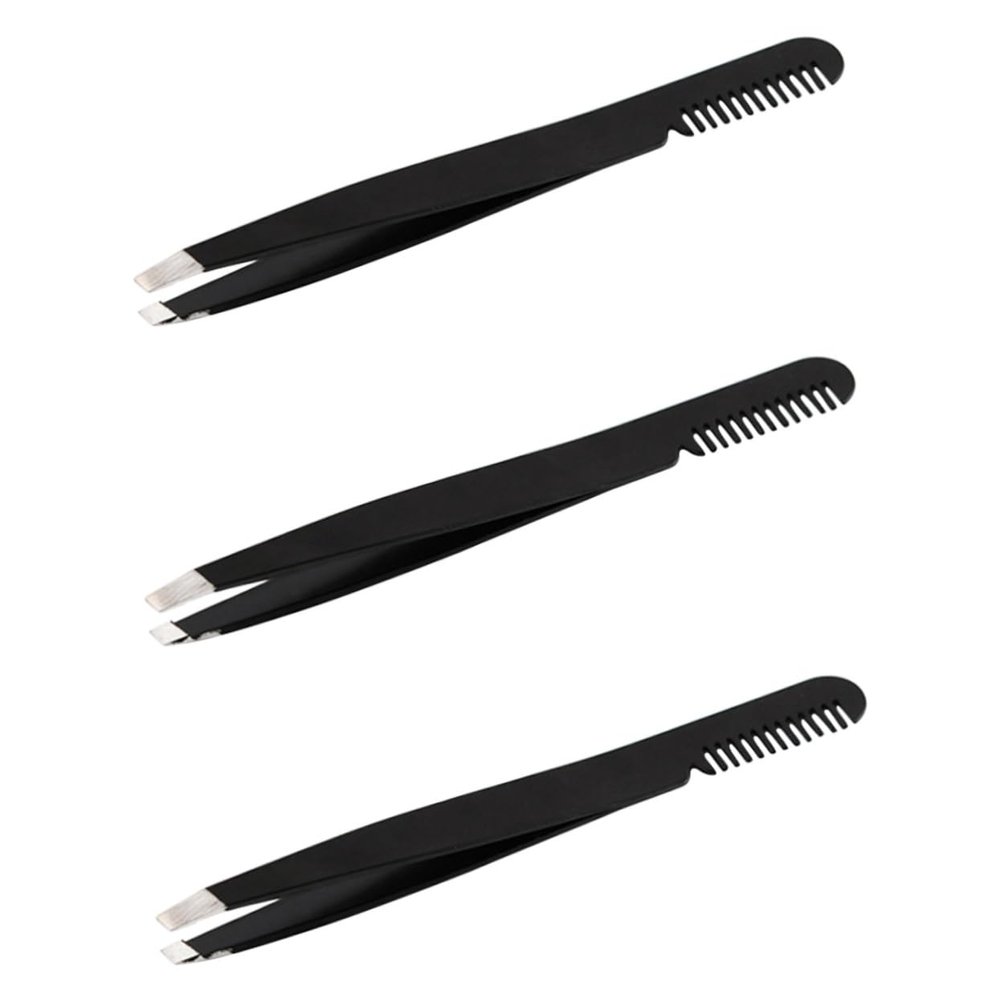 balacoo 3pcs Elegant Black Stainless Steel Eyebrow Tweezer Brush and Comb for Eyebrow Care and Makeup