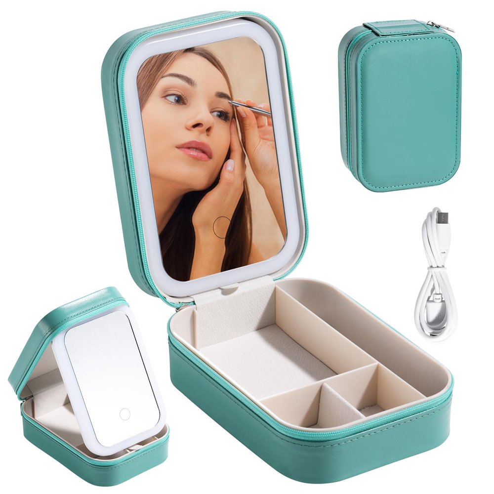 BS-MALL Travel Cosmetic Mirror Case LED Makeup Mirror Storage Case for Brushes Cosmetic Tools On-the-go Makeup Needs (Green