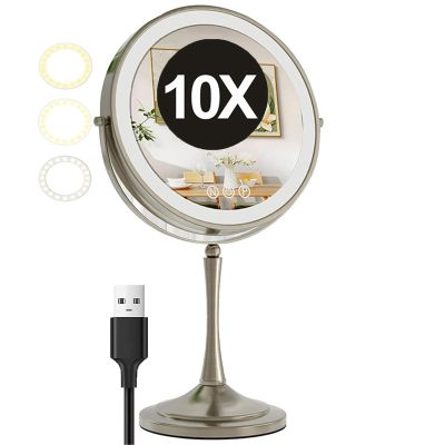 10 Inch Tabletop 3-Color Touch Dimming LED Makeup Mirror, Double Side Rotation 1X/10X Magnification Beauty Cosmetic Mirror, Rechargeable HD Vanity Mirror, Standing Shaving Mirror ,Brushed Nickel