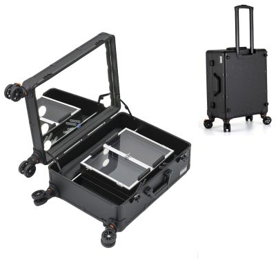Trolley Makeup Train Case with LED Light, Cosmetics Organizer for Makeup Supplies, Rolling Makeup Box with Tray Artist Free Standing Box with Mirror Makeup Vanity Station for Travel (Size : C)