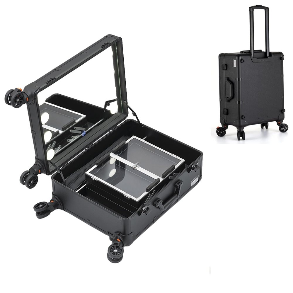 Trolley Makeup Train Case with LED Light, Cosmetics Organizer for Makeup Supplies, Rolling Makeup Box with Tray Artist Free Standing Box with Mirror Makeup Vanity Station for Travel (Size : C)