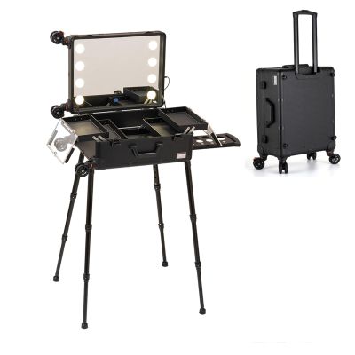 Trolley Makeup Train Case with LED Light, Cosmetics Organizer for Makeup Supplies, Rolling Makeup Box with Tray Artist Free Standing Box with Mirror Makeup Vanity Station for Travel (Size : A(with sh