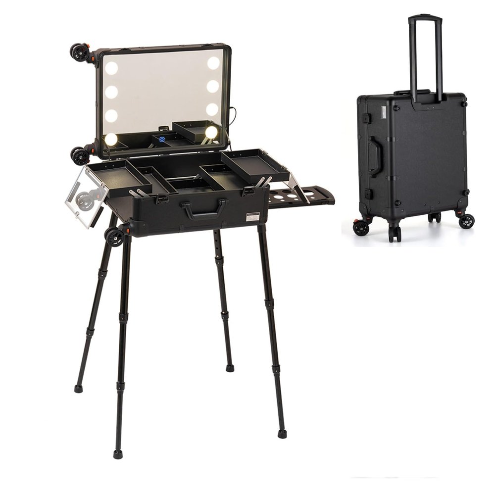 Trolley Makeup Train Case with LED Light, Cosmetics Organizer for Makeup Supplies, Rolling Makeup Box with Tray Artist Free Standing Box with Mirror Makeup Vanity Station for Travel (Size : A(with sh