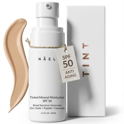 NAELI Anti Aging Tinted Moisturizer SPF 50, Mineral Sunscreen for Face with Zinc Oxide, Peptides & Ceramides, Natural Hydrating Universal Tint - 1.4 oz