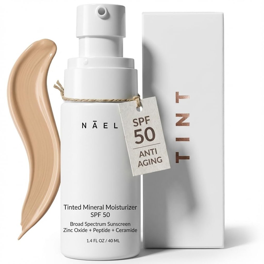 NAELI Anti Aging Tinted Moisturizer SPF 50, Mineral Sunscreen for Face with Zinc Oxide, Peptides & Ceramides, Natural Hydrating Universal Tint - 1.4 oz