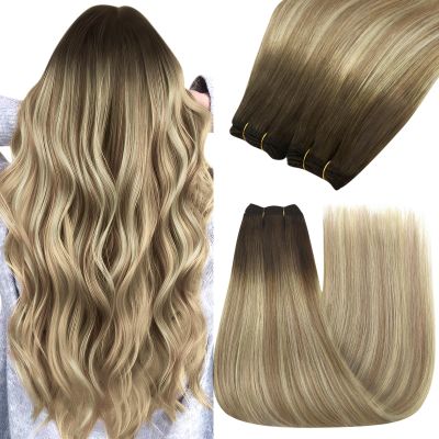 YoungSee Hair Extensions Weft Ombre Sew in Extensions Walnut Brown Ombre Light Brown with Blonde Balayage Double Weft Human Hair Extensions for Long Hair 22Inch 100G