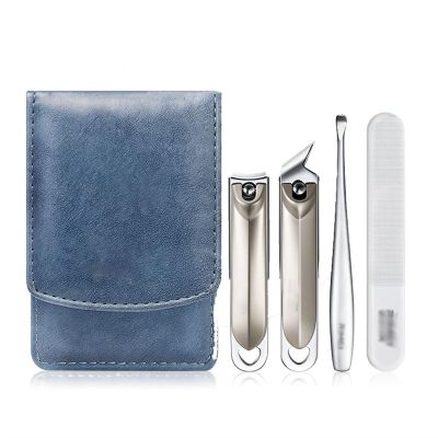 AMONG Manicure Kit 4 Pieces Nail Clipper Set, Portable Toenail and Nail Clipper Manicure Kit with PU Leather Case, Stainless Steel Manicure Kit Nail Clippers Kit (Color : Blue)