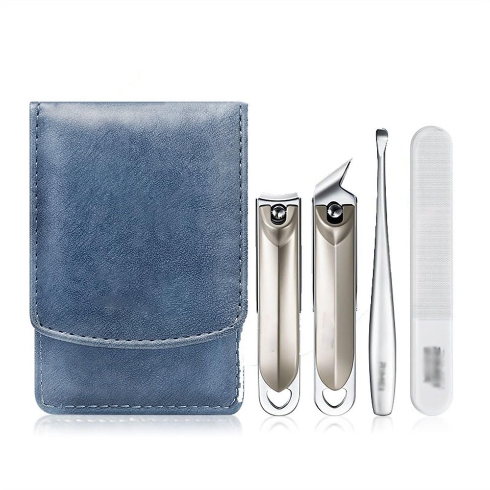 AMONG Manicure Kit 4 Pieces Nail Clipper Set, Portable Toenail and Nail Clipper Manicure Kit with PU Leather Case, Stainless Steel Manicure Kit Nail Clippers Kit (Color : Blue)