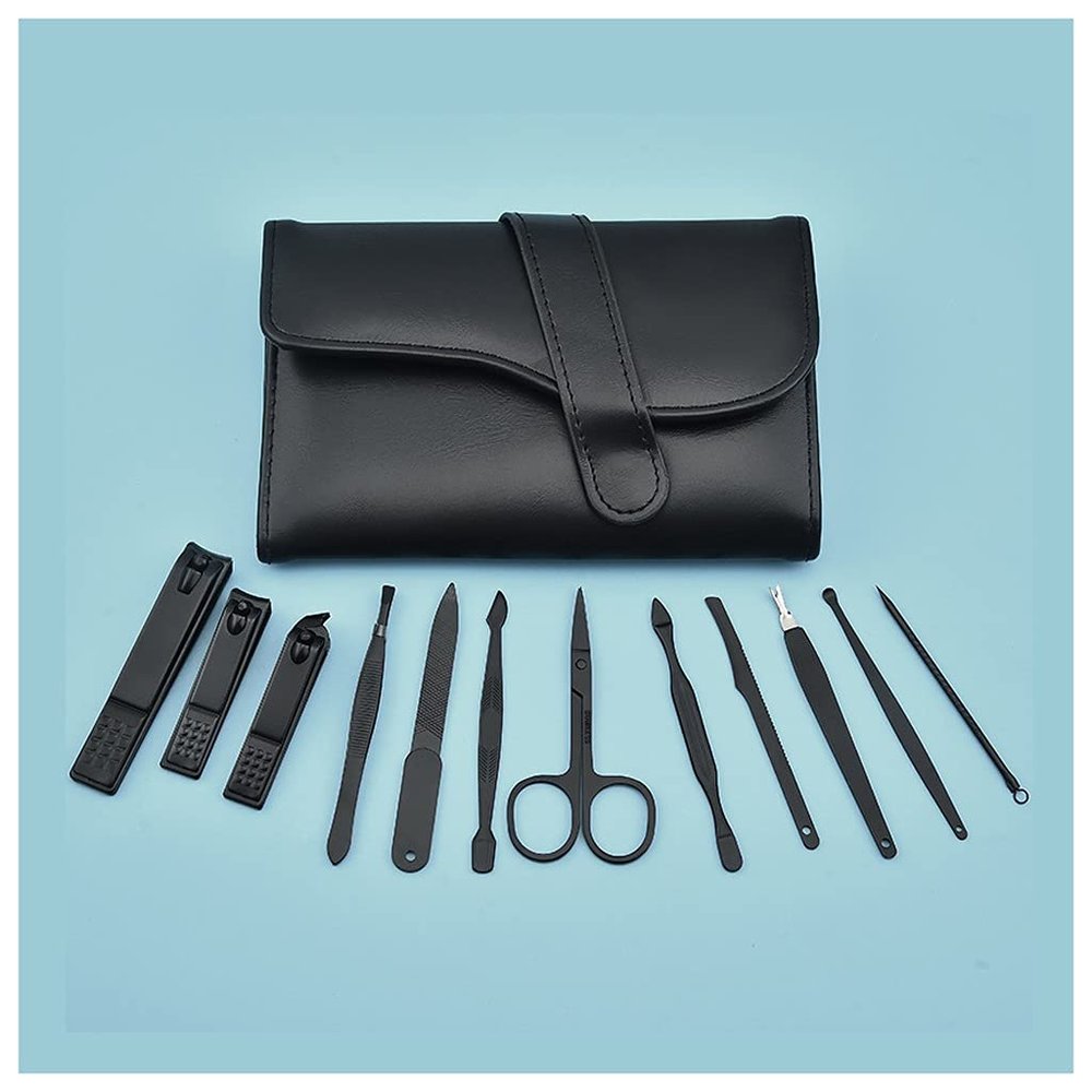 AMONG Manicure Kit Stainless Steel Nail Clippers with Built-in Nail File Sharp Nail Clippers for Men 12 Pieces Black Nail Clippers Kit