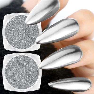 Allstarry Silver Chrome Nail Powder, 2pcs Metallic Mirror Effect Dust Glitter Glazed Manicure Decoration Reflective Pigment for Gel Polish Nail Art Decoration Resin Craft, Festivals - Silver