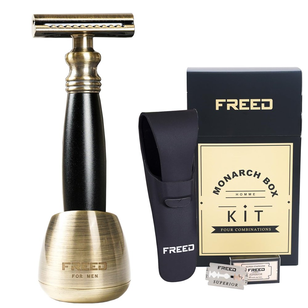 FREED 4-piece Set for Men - Double Edge Safety Razor with alloy handle include 10 count Japanese 6cr13 Stainless Steel blade, It's the best gift for men, fathers,or birthdays (Black)