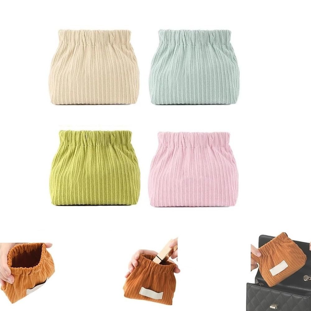 4PCS Mini Makeup Bag Pocket Cosmetic Bags No Zipper Self-Closing Travel Storage Bag for Lipstick Headphones Jewelry Pencil Pouch Elastic Corduroy Toiletry Bag Coin Purse Lipstick Organizer Bag