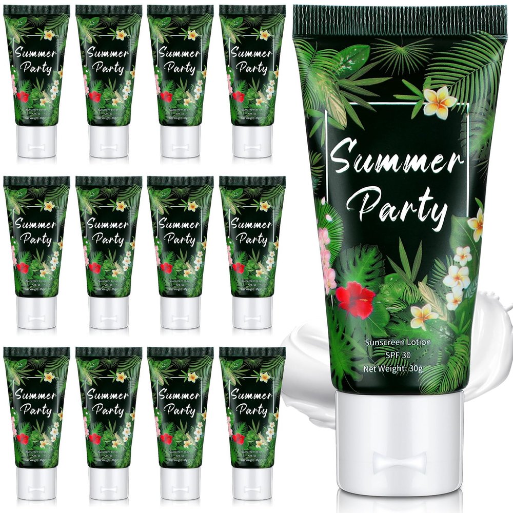 Dansib 12 Pcs Mini Sunscreen Bulk for Valentine Gifts Summer Travel Size Spf 30 Water Resistant Sunblock Sunscreen Lotion Bulk for Valentines Day Favors for Pool Party(White Cream,Tropical)