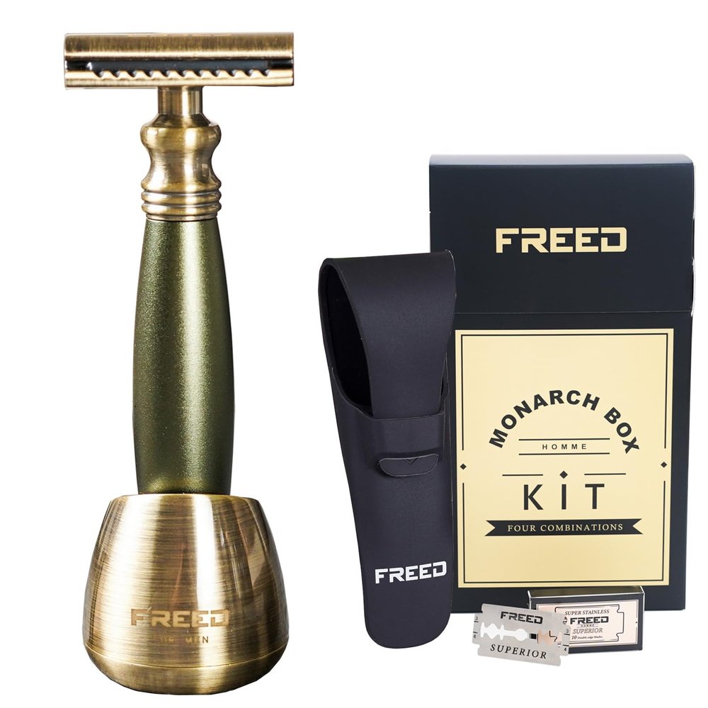 FREED 4-piece Set for Men - Double Edge Safety Razor with alloy handle include 10 count Japanese 6cr13 Stainless Steel blade, It's the best gift for men, fathers,or birthdays (Green)