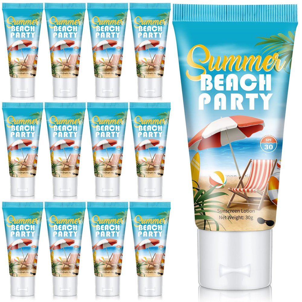 Dansib 12 Pcs Mini Sunscreen Bulk for Summer Travel Size Spf 30 Water Resistant Sunblock Sunscreen Lotion Bulk for Valentine Gifts Wedding Bridal Favors for Pool Party(White Cream,Beach)