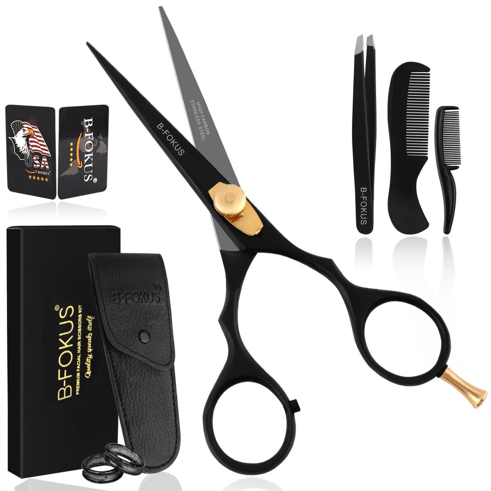 5.5 Hair Cutting Scissors for Hair, Mustache & Beard - Black Mustache and Beard Scissors for All Type Facial Hairs, Beard and Mustache Scissors with Pouch, Tweezers, Beard Comb and Mustache Comb.