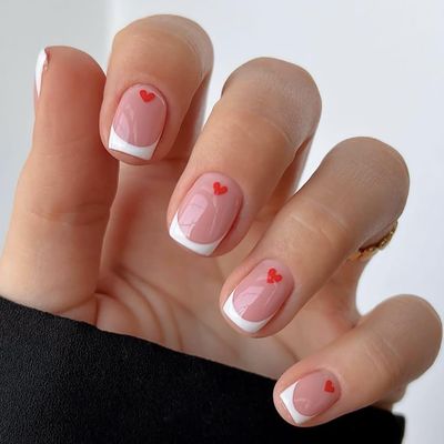 24 Pcs Red Heart Press on Nails Short Square Valentine's Day False Nails with French Tip Designs Nude Heart Fake Nails Style Valentines Glue on Nails for Women Romantic Love Artificial Coffin Nails