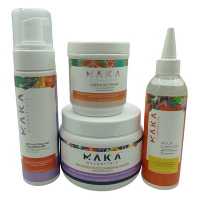 Maka Essentials - 4 Step Essential Kit - Fixing and Volumizing Foam - Active Carbon Treatment - Shea Butter Cream - Lamellar Water - protects - softens - hydrates - conditions - cleans - shines