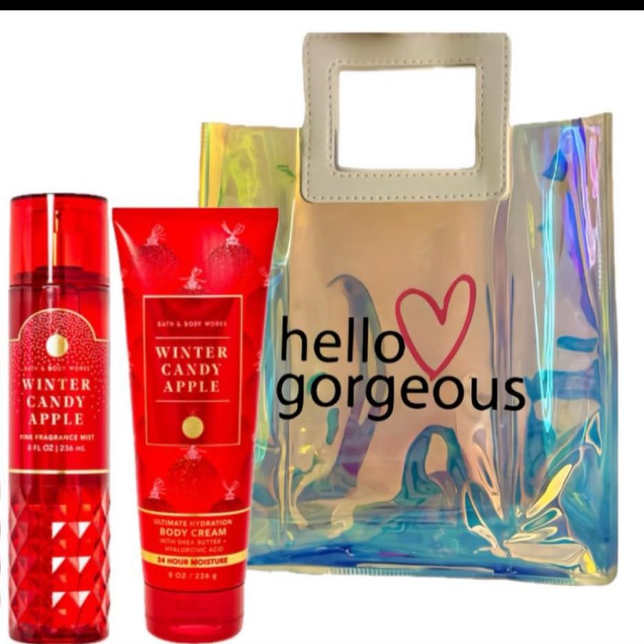 White Barn - Bath and Body Works - Gift Set 2 Piece Bundle - with Gift Bag Hello Gorgeous (Winter Candy Apple)