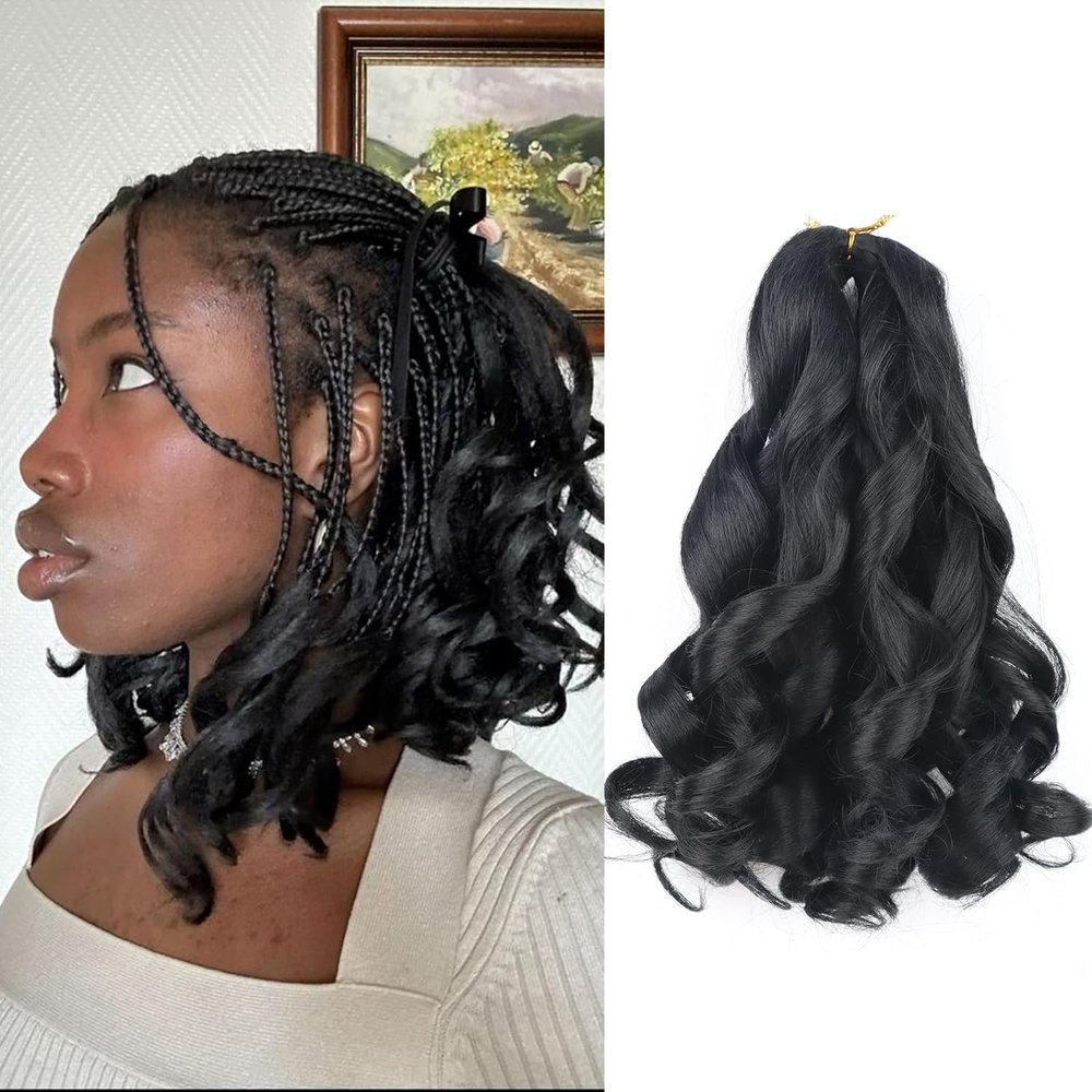 French Curl Braiding Hair 10 Inch Color 1 Curly Braiding Hair Pre Stretched 8 Packs French Curl Crochet Braids for Box Braids with Curly Ends for Black Women (10 Inch,1)