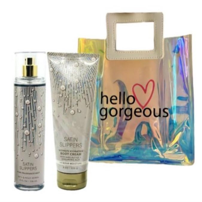 White Barn - Bath and Body Works - Gift Set 2 Piece Bundle - with Gift Bag Hello Gorgeous (Satin Slippers)