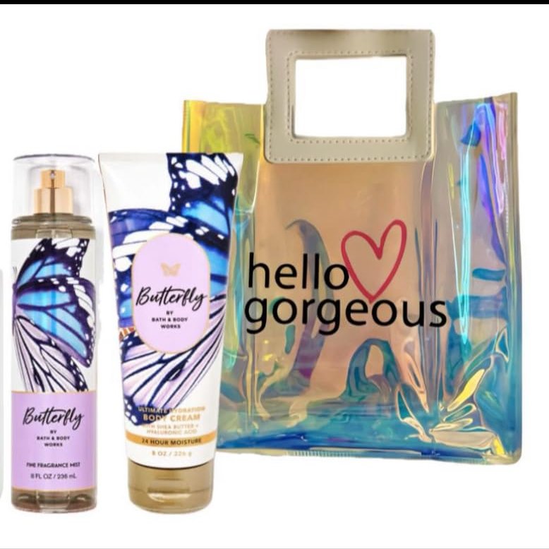 White Barn - Bath and Body Works - Gift Set 2 Piece Bundle - with Gift Bag Hello Gorgeous (Butterfly)
