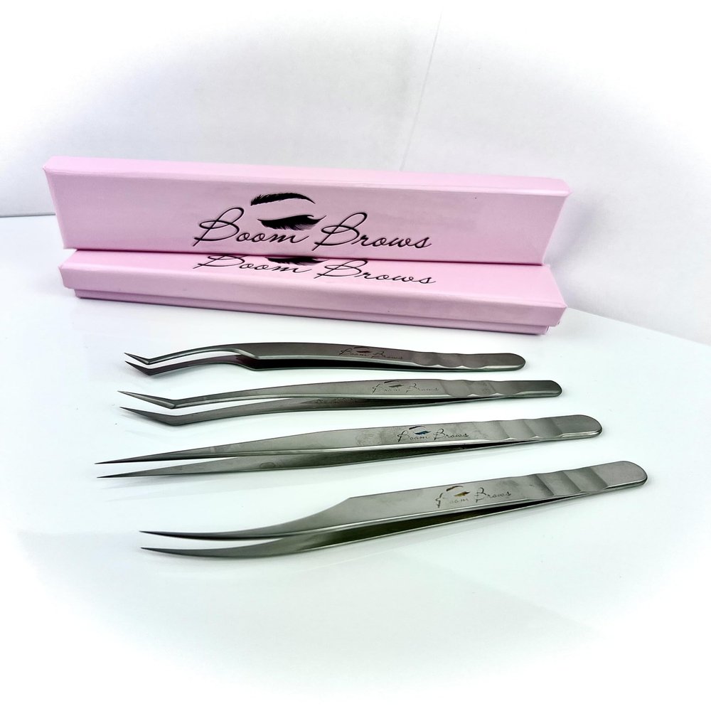 Boom Brows Eyelash Extension Tweezers (Set of 4) - Professional & Precision Lash Tweezers for Eyelash Extensions - Japanese Steel