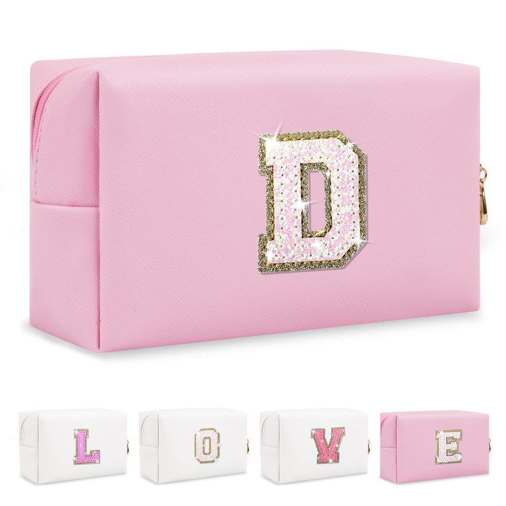 Small Personalized Initial A-Z Patch Makeup Bag,Pink Cute PU Leather Glitter Letter Cosmetic Bag for Teen Girls,Travel Toiletry Bag with Zipper,Preppy Monogrammed Birthday Gift for Daughter Niece D
