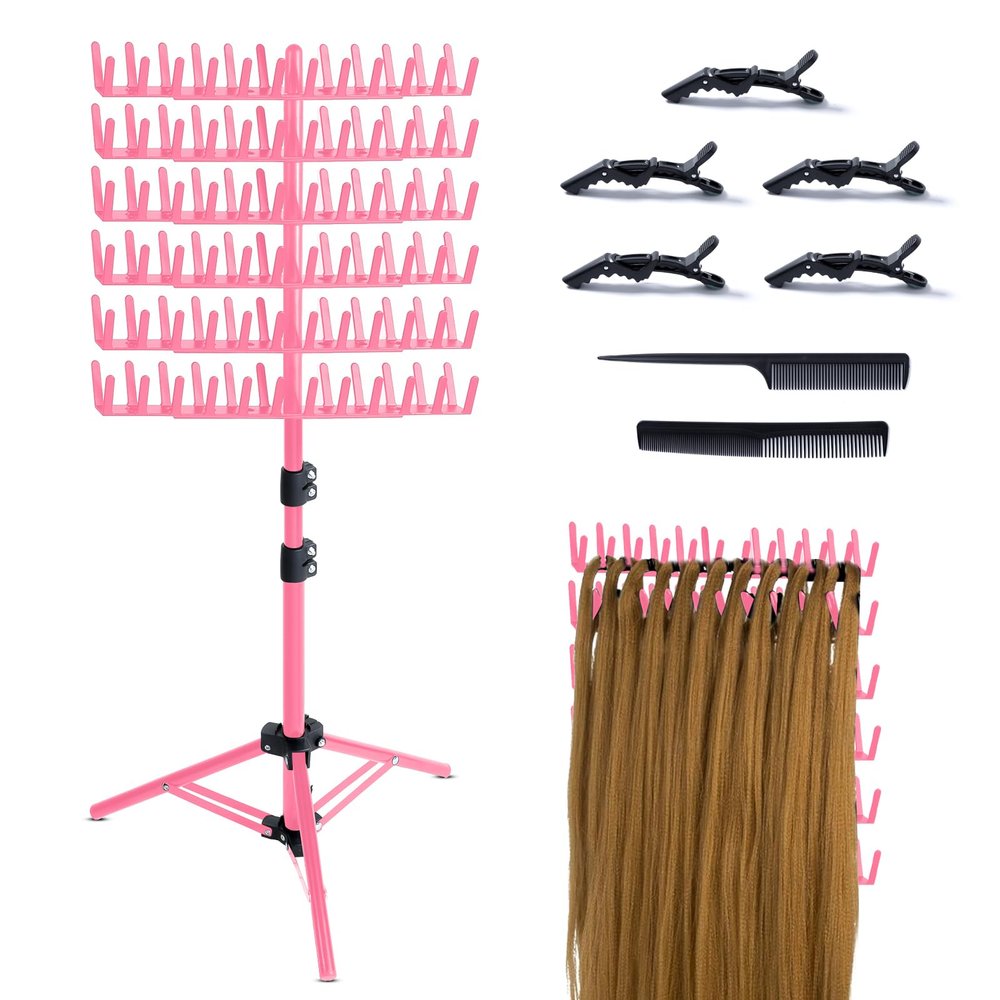 Eastdone Braiding Hair Rack Standing Hair Extension Holder Hanger, 144 Pegs Hair Divider Rack for Braiding Hair Separator Stand Display Stand (red)