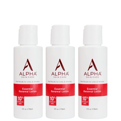 Alpha Skin Care Essential Renewal Lotion, 10% Glycolic AHA, Anti-Aging Formula, Reduces Lines & Wrinkles, Alpha Hydroxy Acid Exfoliates for Smoother Skin, Normal to Dry Skin, 4 Oz, Pack of 3