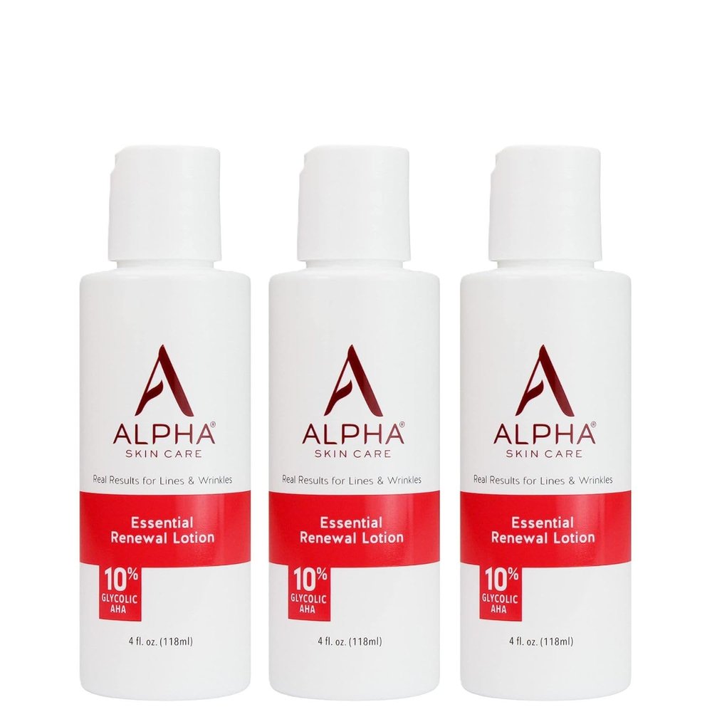 Alpha Skin Care Essential Renewal Lotion, 10% Glycolic AHA, Anti-Aging Formula, Reduces Lines & Wrinkles, Alpha Hydroxy Acid Exfoliates for Smoother Skin, Normal to Dry Skin, 4 Oz, Pack of 3