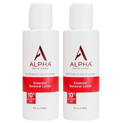 Alpha Skin Care Essential Renewal Lotion, 10% Glycolic AHA, Anti-Aging Formula, Reduces Lines & Wrinkles, Alpha Hydroxy Acid Exfoliates for Smoother Skin, Normal to Dry Skin, 4 Oz, Pack of 2