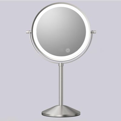 8" Rechargeable Tabletop Lighted Makeup Vanity Mirror with 3 Light Colors, Dimmable Double-Sided Magnification LED Cosmetic Mirror, 360 Rotation Adjustable Standing Shaving Mirror,Nickel,10X