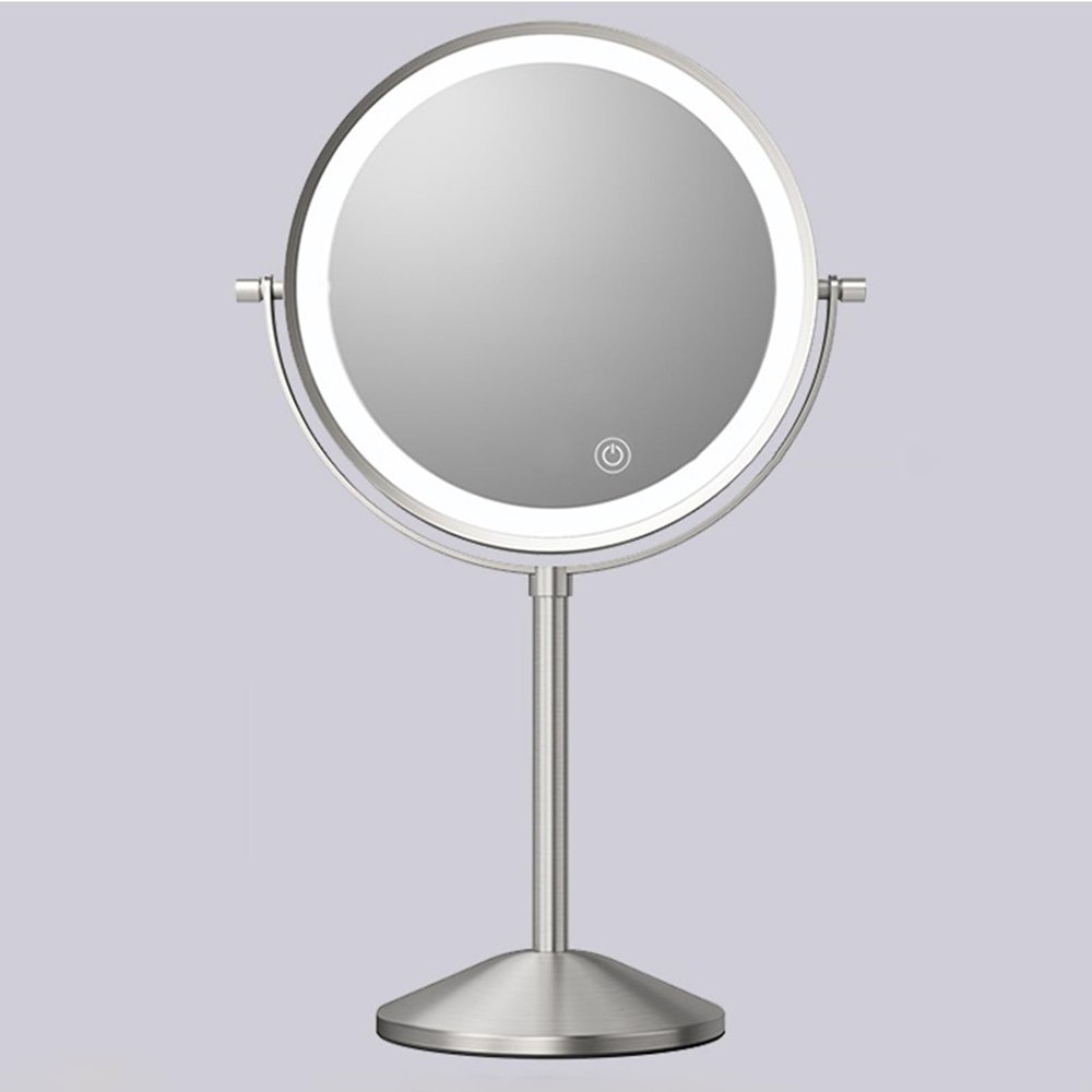 8" Rechargeable Tabletop Lighted Makeup Vanity Mirror with 3 Light Colors, Dimmable Double-Sided Magnification LED Cosmetic Mirror, 360 Rotation Adjustable Standing Shaving Mirror,Nickel,10X