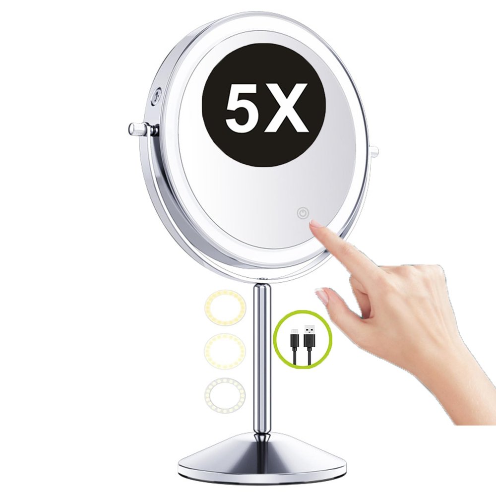 8" Rechargeable Tabletop Lighted Makeup Vanity Mirror with 3 Light Colors, Dimmable Double-Sided Magnification LED Cosmetic Mirror, 360 Rotation Adjustable Standing Shaving Mirror,Silver,5X