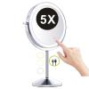 8" Rechargeable Tabletop Lighted Makeup Vanity Mirror with 3 Light Colors, Dimmable Double-Sided Magnification LED Cosmetic Mirror, 360 Rotation Adjustable Standing Shaving Mirror,Silver,5X view 1