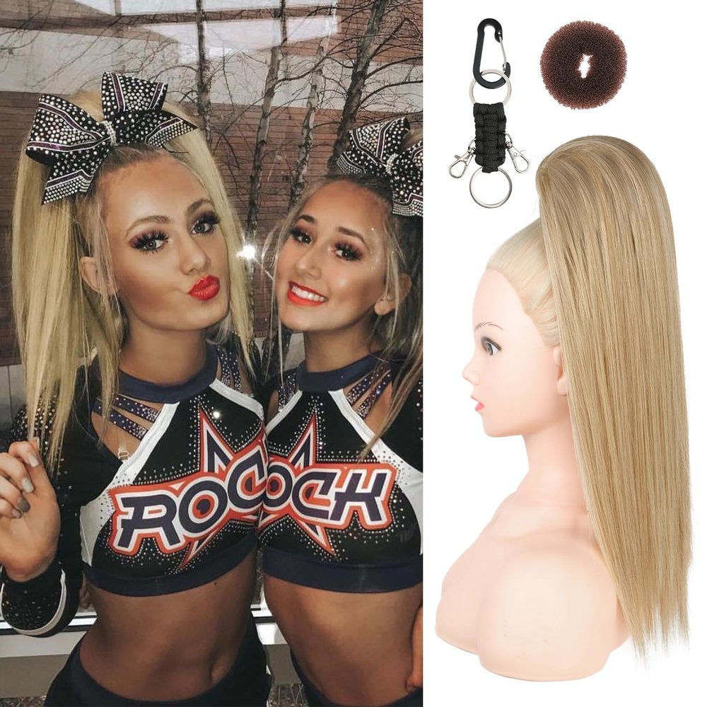 SEIKEA Cheer Ponytail Hair Piece, 16" Straight Cheerleader Hairpiece Ponytail Extension for Cheerleader Competition, Dance, Medium Blonde