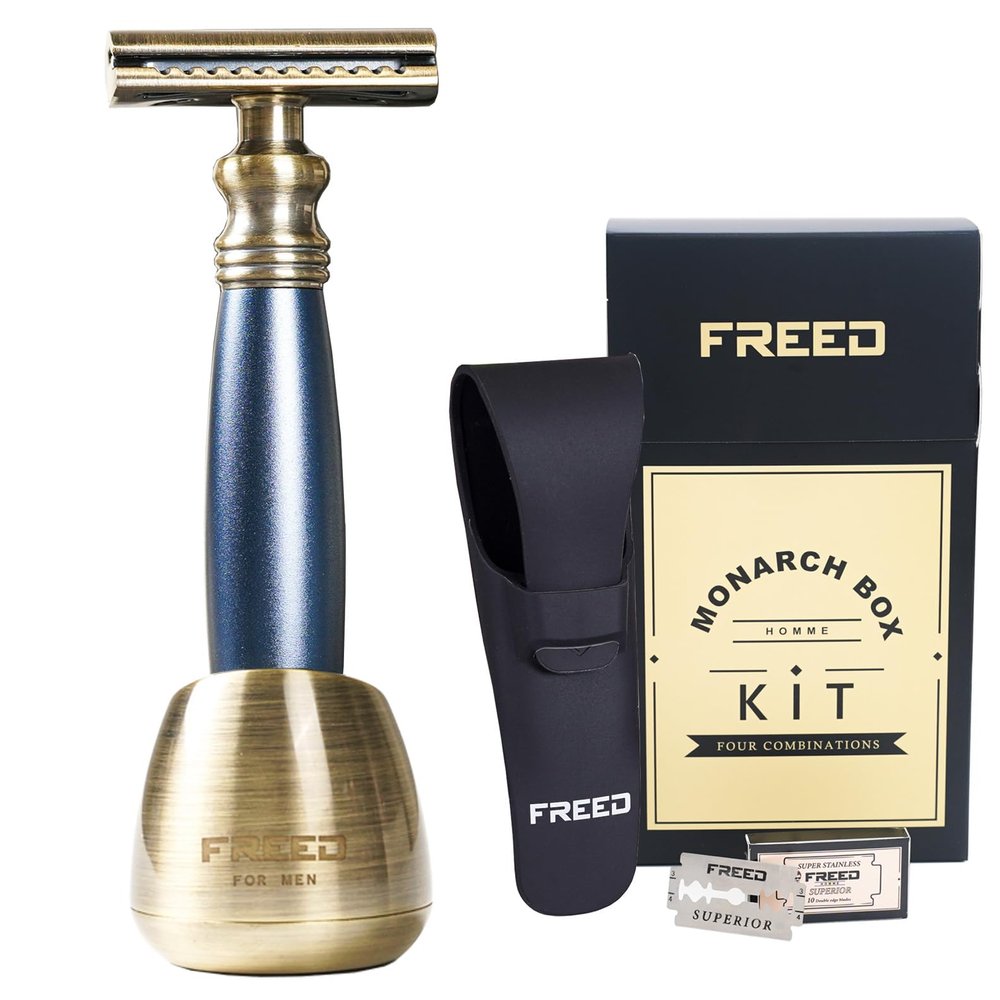 FREED 4-piece Set for Men - Double Edge Safety Razor with alloy handle include 10 count Japanese 6cr13 Stainless Steel blade, It's the best gift for men, fathers,or birthdays (Blue)