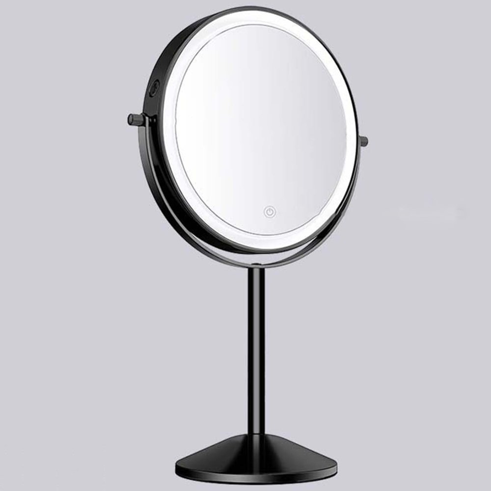 8" Rechargeable Tabletop Lighted Makeup Vanity Mirror with 3 Light Colors, Dimmable Double-Sided Magnification LED Cosmetic Mirror, 360 Rotation Adjustable Standing Shaving Mirror,Black,5X