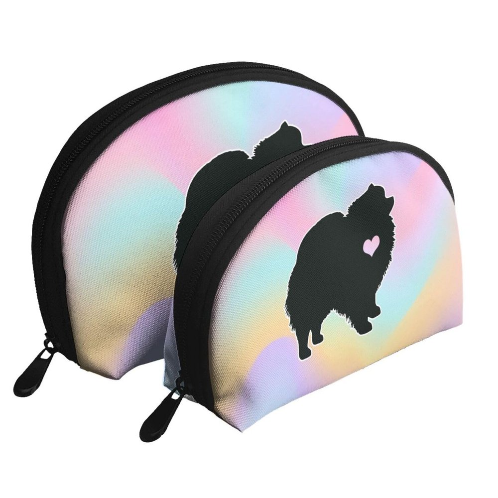 Ovbflc Ladies Fashion Cosmetic Bag 2 Pcs Set, Pomeranian Dog Silhouette Portable Cosmetic Bag Case Travel Bag Handbag Coin Purse