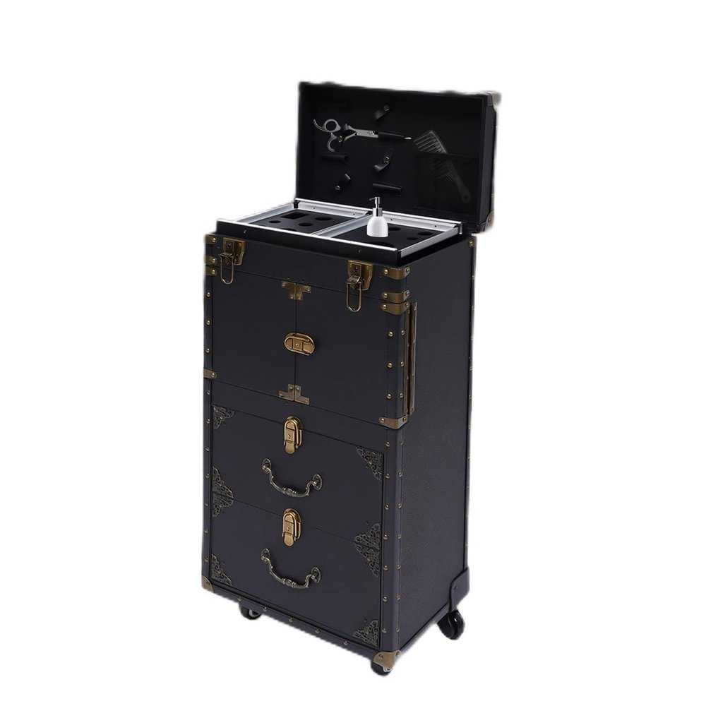 DYRABREST Rolling Lockable Makeup Train Case, Hairdressing Trolley Stylist Beauty Salon Cosmetic Luggage Travel Organizer Tool Box with Hair Dryer Holder