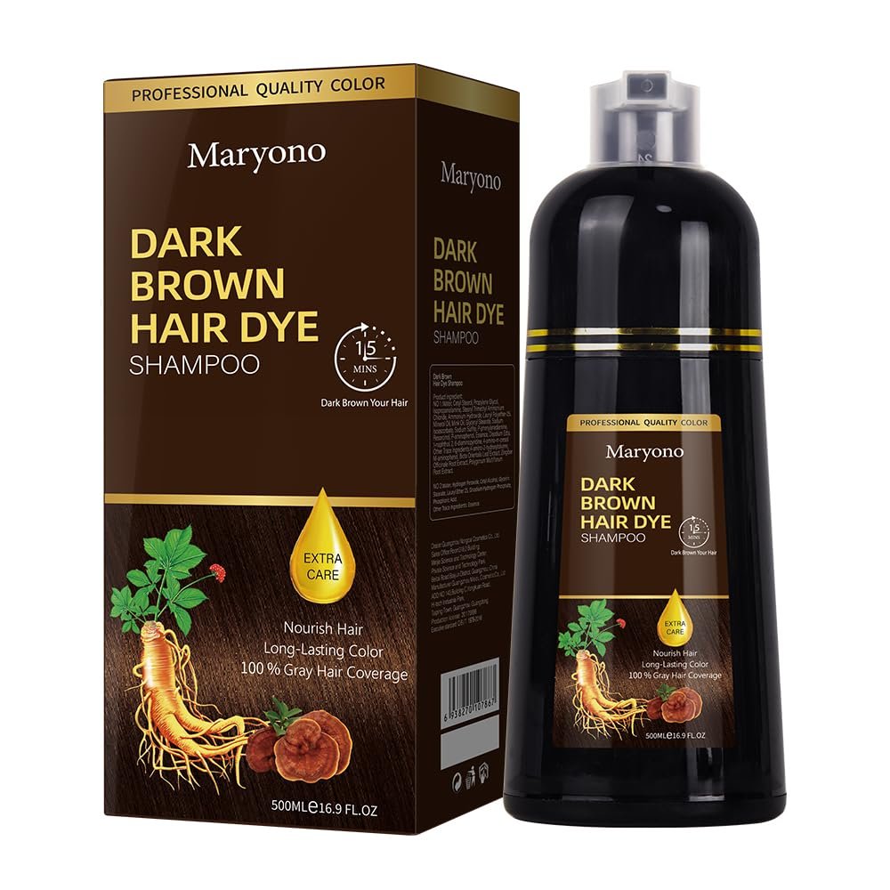 Maryono Dark Brown Hair Dye Shampoo 3 in 1 for Gray Coverage, Herbal Ingredients, Instant Color, for Women & Men, 500ml