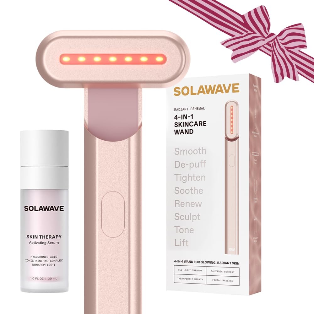 Solawave 4-in-1 Red Light Therapy Wand + Activating Serum | LED Skincare Device for Face & Neck | Facial Tool with Galvanic Current, Massage & Therapeutic Warmth | Reduces Appearance of Fine Lines