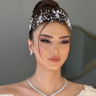 Jovbridsea Bride Rhinestone Hair Accessories with Flower Headband Silver Crystal Wedding Headpieces for Women and Girls