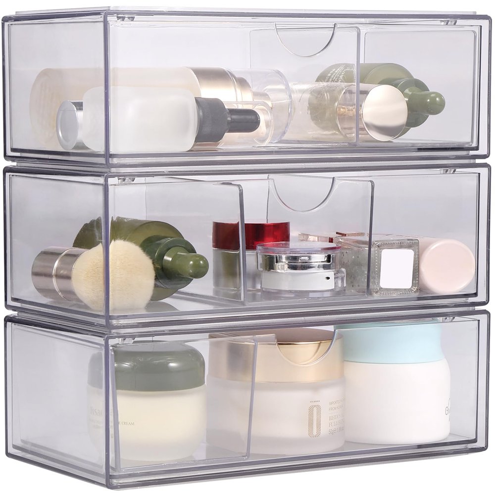 Abizarch Medicine Cabinet Organizer with Drawers 3 Layer Cosmetic Display Case with Detachable Divider Stable Cosmetic Storage Box with Non-Slip Pad Clear Vanity Storage Organizer for Home Bedroom Bat