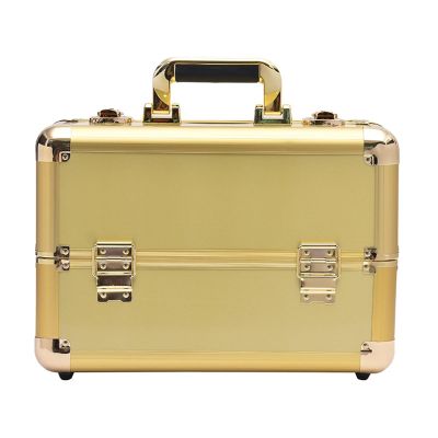 CKSEKD Portable Makeup Train Box, High Security Lockable Makeup Storage Box With Sliding Tray With Divider, Multifunctional Large Capacity Makeup Artist Storage Box,Gold