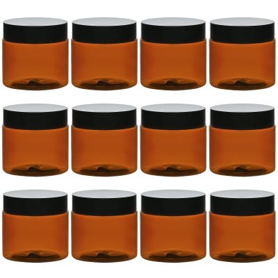 TUZAZO 2 Oz Amber Plastic Cosmetic Jars Leak Proof Small Container with lids for Cream, Lotion, Powder, Ointments, Beauty Products, 12 Pcs
