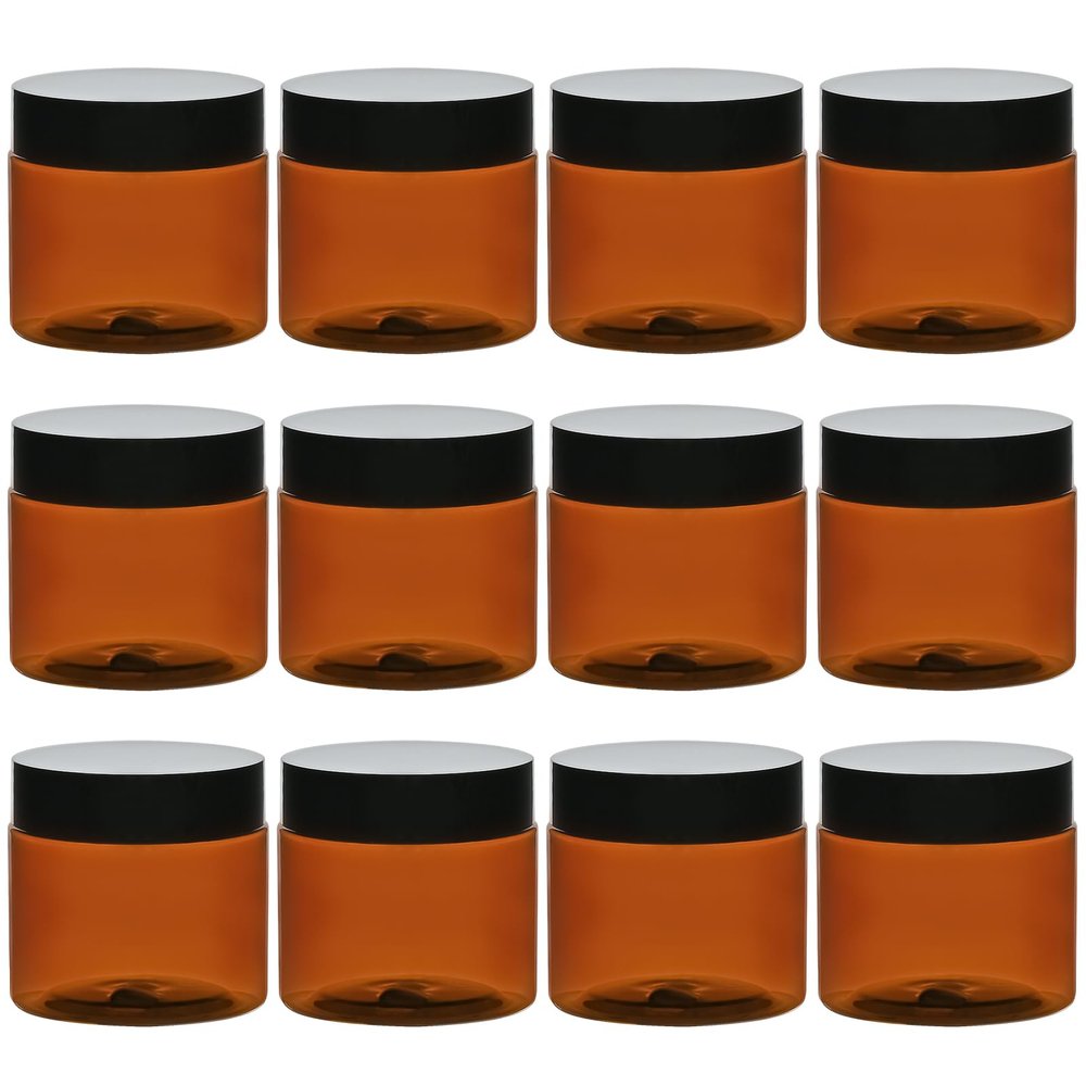 TUZAZO 2 Oz Amber Plastic Cosmetic Jars Leak Proof Small Container with lids for Cream, Lotion, Powder, Ointments, Beauty Products, 12 Pcs