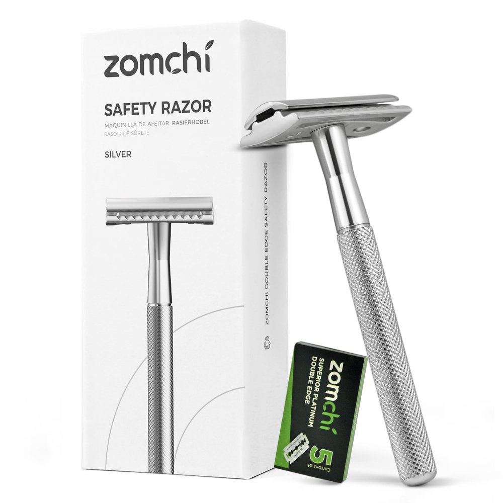 ZOMCHI Double Edge Safety Razor for Men & Women, Metal Razor with 5 Double Edge Safety Razor Blades, Single Blade Razor Silver