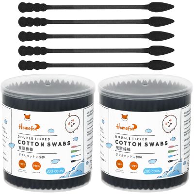 HOMEFOX Black Cotton Swabs Spiral Pointed - 400 Count Organic Cotton Buds Charcoal Gothic Double Side Tightly Wrapped Precision Cotton Tips Paper Stick Soft Gentle Lint-Free, Spiral & Pointy (Black)